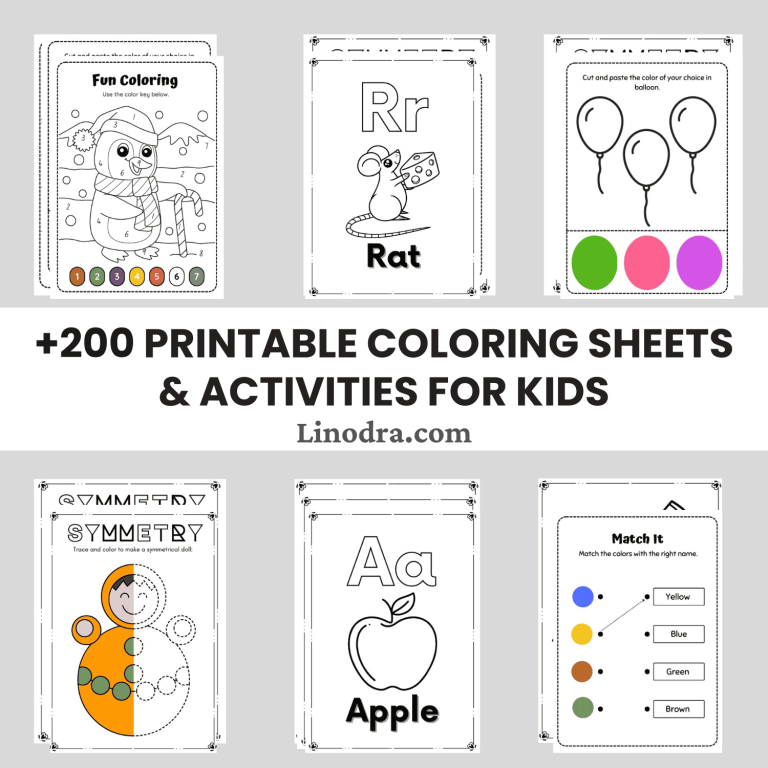 200+ Printable Coloring Sheets & Activities for Kids – PDF Pack with Color Matching, Flashcards & Cut-and-Paste Games